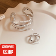 寬面線條鏤空開口戒指手鐲氣質(zhì)歐美夸張時(shí)尚手環(huán)臂環(huán)輕奢高級感女 手鐲戒指套裝-銀色