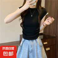 夏季新版粉色甜美小飛袖上衣女修身短款甜辣別致蕾絲拼接短袖T恤 黑色 S
