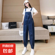 減齡氣質美式復古牛仔背帶褲女秋冬大碼百搭寬松連體褲子 藍色刺繡牛仔背帶褲單件 3XL碼（建議140-160斤）