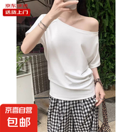 斜肩露肩t恤女短袖夏季新款寬松顯瘦遮肉一字肩辣妹上衣RL#K004# K004#白色 M 【110-125斤】
