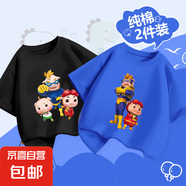 2025年新款豬豬俠兩件裝100%純棉兒童短袖T恤豬豬俠卡通印花圖案 黑-豬豬俠三人+克藍(lán)-豬豬俠倆人 100