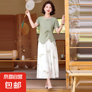 2025媽媽夏裝套裝洋氣中式短袖中老年女裝時尚半身裙子兩件套 黑色 兩件套 2XL 建議110-120斤