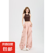 美式水洗棉工裝褲女款春夏季小個子腰垂感寬松顯瘦直筒闊腿長褲 粉色長褲89885 薄款 M