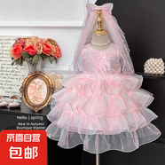 【女童連衣裙】2025夏季新款超仙公主裙亮片無(wú)袖禮服洛麗塔蓬蓬 粉色（贈(zèng)頭紗） 110 110cm