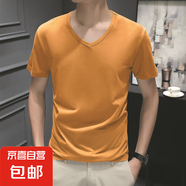 男士短袖T恤夏季純色圓領(lǐng)半袖青年打底衫修身薄款體恤 JS純色短袖 V領(lǐng)姜黃 3XL