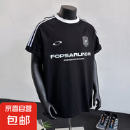 夏季美式t恤短袖男hiphop街頭潮牌條紋拼接上衣三條杠半袖體恤衫 黑色 2XL