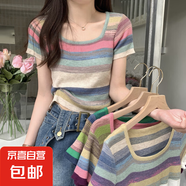 彩虹條紋方領(lǐng)短袖t恤女正肩夏季2025年新款薄款冰絲針織短款上衣 藍色 均碼 80-120斤選