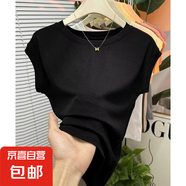 新款冰絲夏簡約寬松上衣顯瘦純色百搭圓領(lǐng)薄款飛袖設(shè)計T恤女 1053黑色 XL