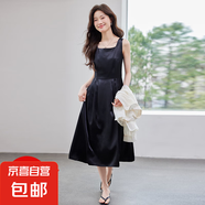 高級(jí)感醋酸緞面無(wú)袖連衣裙女2025夏季新款收腰顯瘦氣質(zhì)中長(zhǎng)款裙子 黑色（單件連衣裙） M
