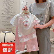 兒童短袖套裝女童立體蝴蝶純棉T恤中大童格子褲女寶蕾絲花邊上衣 小貓咪 130 碼建議身高115-125cm