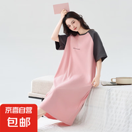 睡裙女夏季純棉短袖薄款長(zhǎng)款裙子寬松大碼孕婦睡衣夏天條紋家居服 Z663 L