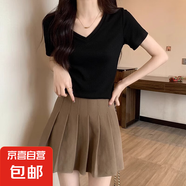 印花V領(lǐng)純棉短款t恤女短袖夏季2025新款內搭外穿ins正肩上衣女037 黑色 L 建議100-115斤