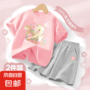 【2件套】女童套裝夏季2025新款洋氣純棉短袖女孩運(yùn)動(dòng)服兒童夏裝 甜蝶兔粉+桃花K灰 110