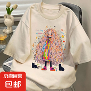 爆款100%純棉短袖t恤可愛小女孩印花學(xué)生百搭寬松顯瘦休閑上衣DPJ 2617純棉-杏色 3XL 可穿200斤以內(nèi)
