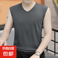 男士圓V領背心男修身韓版無袖坎肩休閑運動透氣背心  JS純色無袖 V領深灰 3XL