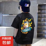 其他品牌純棉男童短袖T恤夏季新款班服兒童上衣中大童卡通半袖帥氣潮-SL 黑色（滑板眼鏡）前后半袖 130 (建議50-60斤)