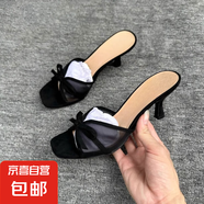 法式歐美細(xì)跟蝴蝶結(jié)網(wǎng)紗露趾外穿性感舒適一字拖氣質(zhì)仙女涼拖鞋女 黑色 36