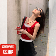 紅色短款工字背心女夏外穿蕾絲假兩件辣妹無袖獨(dú)特吊帶上衣 紅色 均碼 建議80-135斤