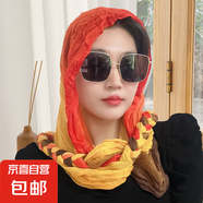 時(shí)尚百搭碎花手工編織辮子圍巾女生甜美清新包頭巾青春可愛(ài)長(zhǎng)絲巾 三色橘黃 150CM