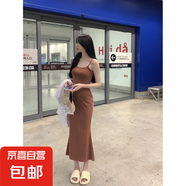 2025甜辣妹無袖收腰露背吊帶連衣裙女夏季純欲氣質(zhì)魚尾包臀裙 淺咖 L