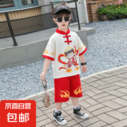 男童夏季套裝2025帥氣兒童衣服哪吒男孩夏裝T恤褲子兩件套3-6歲潮 紅色 薄款 140 cm