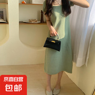 夏季韓版連衣裙方口領(lǐng)針織短袖內(nèi)搭小香風(fēng)裙子少女寬松時(shí)尚格子裙 翠綠色 均碼
