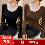 露背大圓領(lǐng)莫代爾低領(lǐng)打底衫女內(nèi)搭秋冬長袖t恤德絨加厚上衣8006 【薄款兩件裝】黑+咖啡 莫代爾棉 XL 參考115-125斤