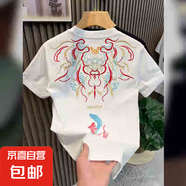 夏季新款國潮民族風刺繡短袖T恤男圓領(lǐng)上衣百搭體恤打底衫MB 白色 L