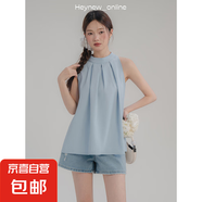 藍(lán)色無袖掛脖襯衫t恤女2025年夏季新款吊帶壓褶顯瘦露肩上衣裙子 藍(lán)色 S