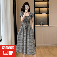 黑白格連衣裙女夏季百搭A(yù)字大擺裙復(fù)古氣質(zhì)收腰顯瘦方領(lǐng)長(zhǎng)裙J332 黑白格 L （120-140斤）