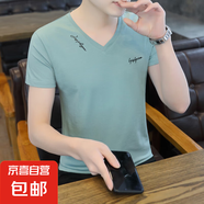 2025夏季男士短袖t恤V領(lǐng)薄款修身半袖潮流百搭上衣男裝純棉體恤WF QY663豆綠 純棉T恤 4XL 建議170-190斤