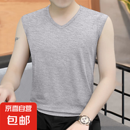 男士圓V領(lǐng)背心男修身韓版無袖坎肩休閑運(yùn)動(dòng)透氣背心  JS純色無袖 V領(lǐng)淺灰 XL
