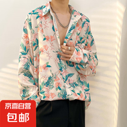 港風(fēng)vintage花襯衫男女復(fù)古夏威夷痞帥寬松情侶長袖襯衣潮牌外套 2310藍(lán)色 XL