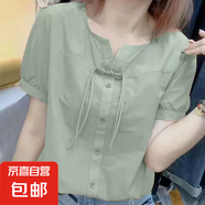 國風(fēng)盤扣短袖襯衣薄款短款收腰襯衫夏季新款寬松t恤小衫上衣女 卡其色 L 105-115斤