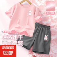 【2件套】女童運動(dòng)套裝2025新款冰絲速干女大童夏裝衣服兒童短袖 兔美美K粉+兔美美K鐵灰 160
