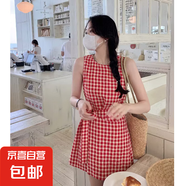 紅色格子顯瘦無袖背心連衣裙子女夏季短裙2025新款海邊度假沙灘裙 紅色 【KK-95650】 M