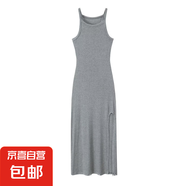 2025歐美跨境女裝夏季螺紋高腰修身包臀開叉連衣裙 灰色 M