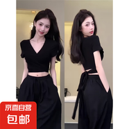 辣妹性感v領(lǐng)后背露腰綁帶短袖T恤夏季新款女裝短款修身顯瘦小上衣 黑色上衣 XL 【建議115-130斤】