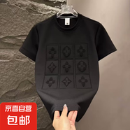 新款美式潮流個(gè)性水洗做舊磨破克羅燙鉆男寬松版網(wǎng)紅短袖棉t 黑色 X662-CZ M
