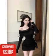 蕾絲拼接露肩長袖連衣裙女顯瘦美麗夏季時尚修身純欲包臀氣質短裙 95736黑色【性感顯瘦】 XL 【115-125斤】