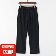 左斯客2024春夏季新款中國(guó)風(fēng)棉麻寬松薄款長(zhǎng)袖襯衫男復(fù)古中式唐裝 黑色褲子 L