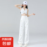 洋氣時(shí)尚花朵直筒牛仔褲女潮ins顯瘦百搭夏季胖mm腰寬松闊腿褲 白色黃花2330 薄款 長(cháng)褲 L
