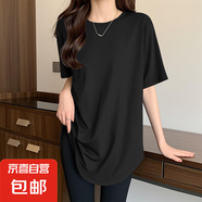 中長(zhǎng)款弧形下擺短袖T恤女士夏季新款圓領(lǐng)顯瘦寬松打底衫純棉上衣 518-黑色 L