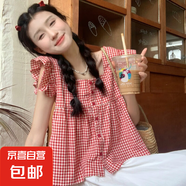 黑白格子鎖骨方領(lǐng)襯衫女夏設計感小眾甜美荷葉邊娃娃衫小飛袖上衣 紅色 均碼 建議85-135斤