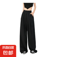 女夏季薄款腰垂感休閑舒適百搭直筒慵懶2025新款高級(jí)感闊腿褲長(zhǎng)褲 黑色-高個(gè)子款 M
