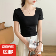 【都市麗人制造商】小高領(lǐng)純色短袖T恤女修身顯瘦內搭打底上衣 黑色【方領(lǐng)】高品質(zhì) L 【102-113斤】