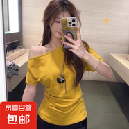 雙面皺皺棉設(shè)計(jì)感小眾斜肩短袖T恤女夏季收腰修身顯瘦露肩上衣潮 1035土黃色 XL 【建議110-120斤】