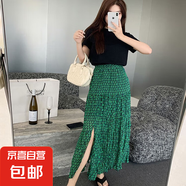 女裝碎花半身裙2025夏季薄款高腰顯瘦開叉百褶裙大擺a字綠色S-L 綠色 M