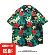 東南亞夏威夷短袖花襯衫五分袖男女同款情侶沙灘度假夏季碎花襯衣 5108黑色 XL