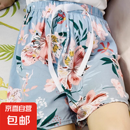 新款睡褲女夏款綿綢短褲人造棉沙灘褲速干印花寬松家居大碼休閑褲 新迎春花 L 110-129斤